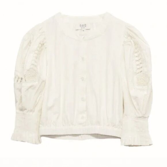 Sea New York Puff Sleeve Thora Thread Pull Button Down Cream Top medium - Picture 8 of 16